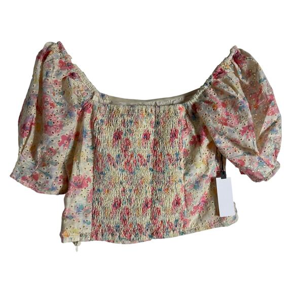 ASTR The Label Bondi Cream Pink Floral Eyelet Puff Sleeve Square Neck Top Size M - Picture 8 of 9